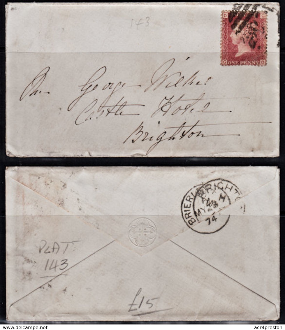 C0128 GREAT BRITAIN (GB), 1874, QV 1d Plate 143 On Cover To Brighton - Brieven En Documenten