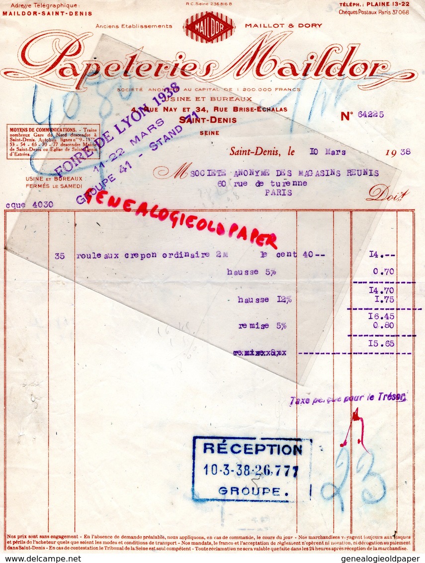 93- ST SAINT DENIS- RARE FACTURE PAPETERIE MAILDOR -MAILLOT & DORY- 4 RUE NAY ET 34 RUE BRISE ECHALAS- 1938 - Imprenta & Papelería