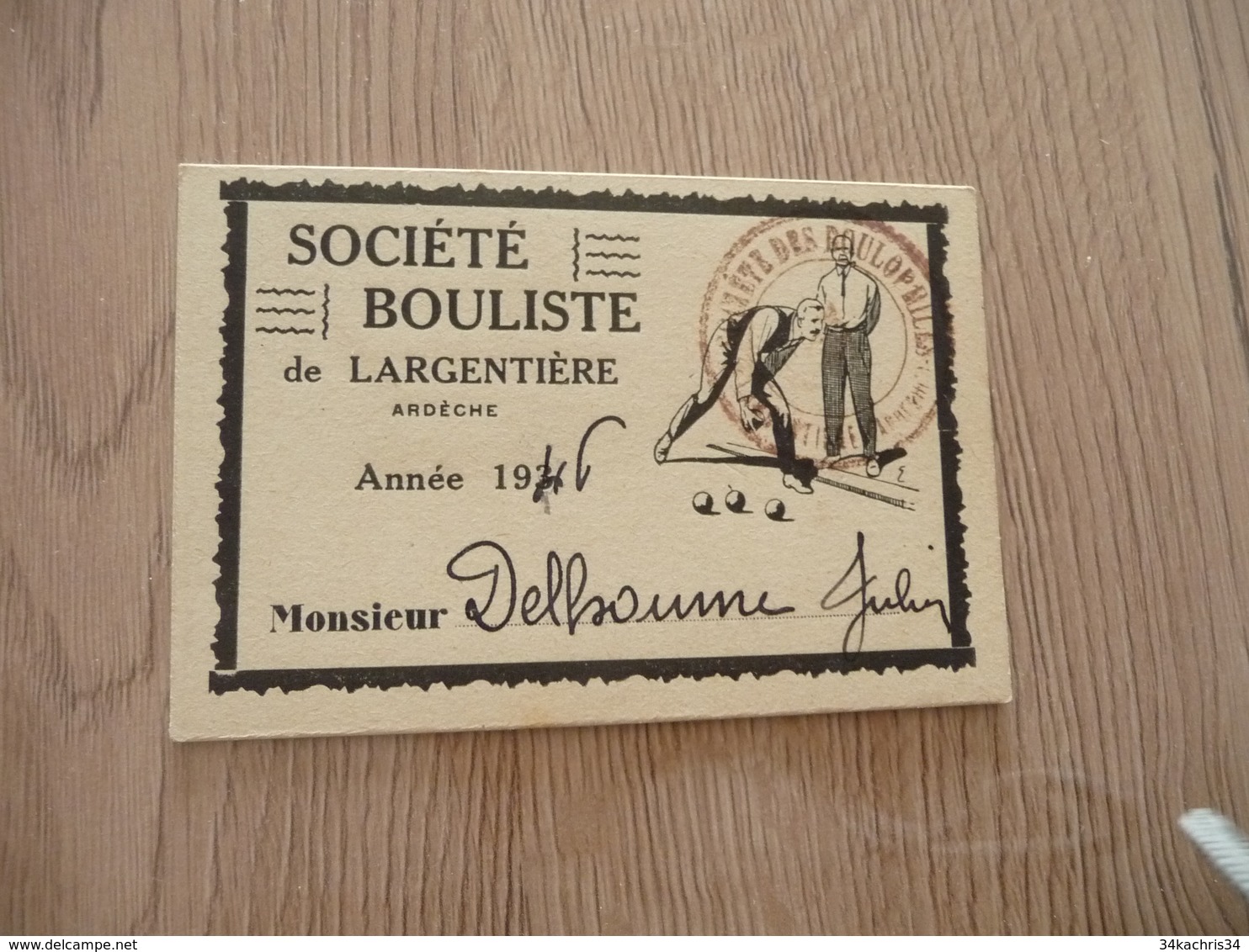Carte De Membre Pétanque Boules Société Boulistique De Largentière Ardèche 1946 - Boule/Pétanque
