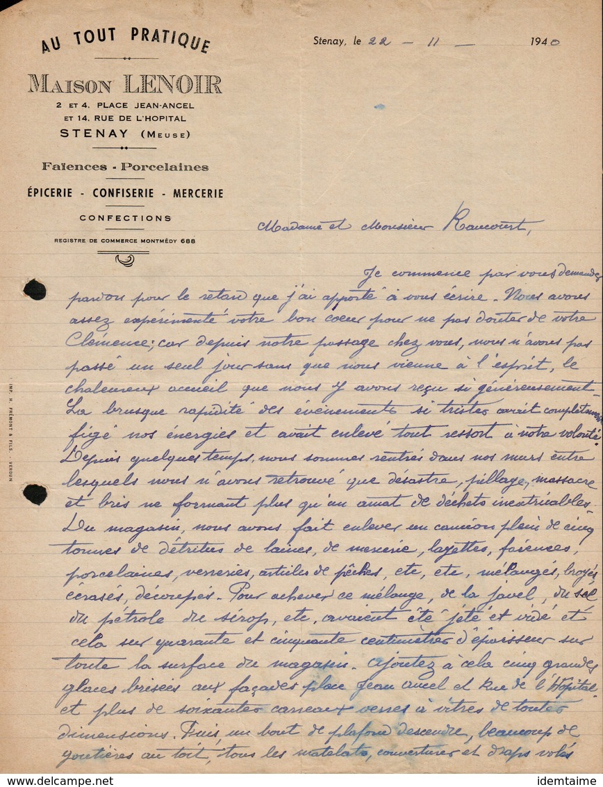 FACTURE - CORRESPONDANCE - MAISON LENOIR - AU TOUT PRATIQUE - STENAY - MEUSE - 22 NOVEMBRE 1940 - 1900 – 1949