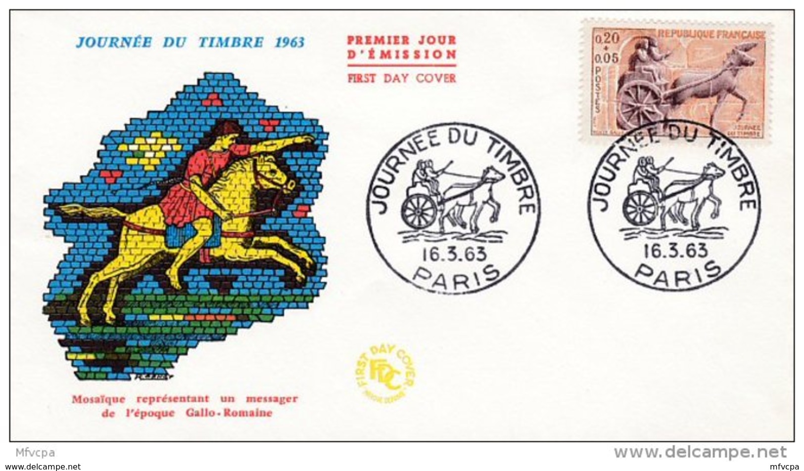 L4T005 France 1963 FDC Poste Gallo Romaine  0,20+0,05F Paris 16 03 1963 /env. Illus. - Journée Du Timbre