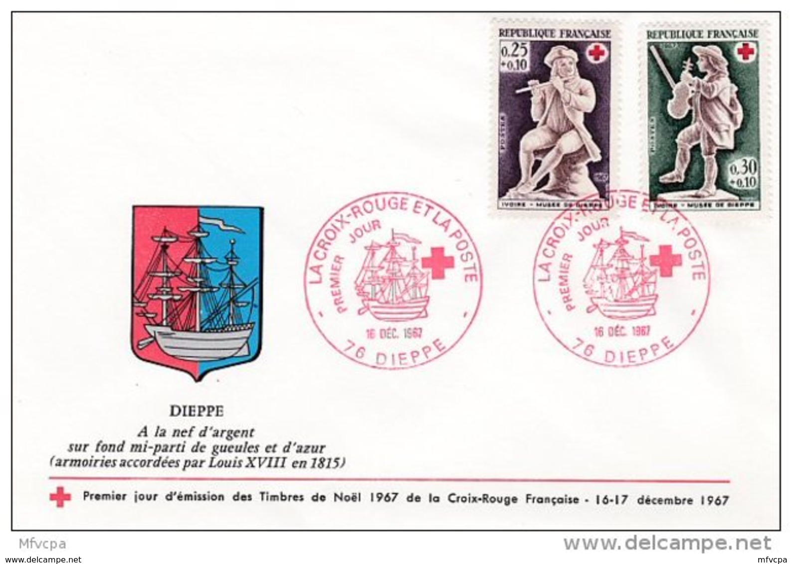 L4T036 FRANCE 1967 FDC Croix Rouge Musée De Dieppe 0,25+0,10F 0,30+0,10 Dieppe 10 12 1967/env. Illus. - Cruz Roja