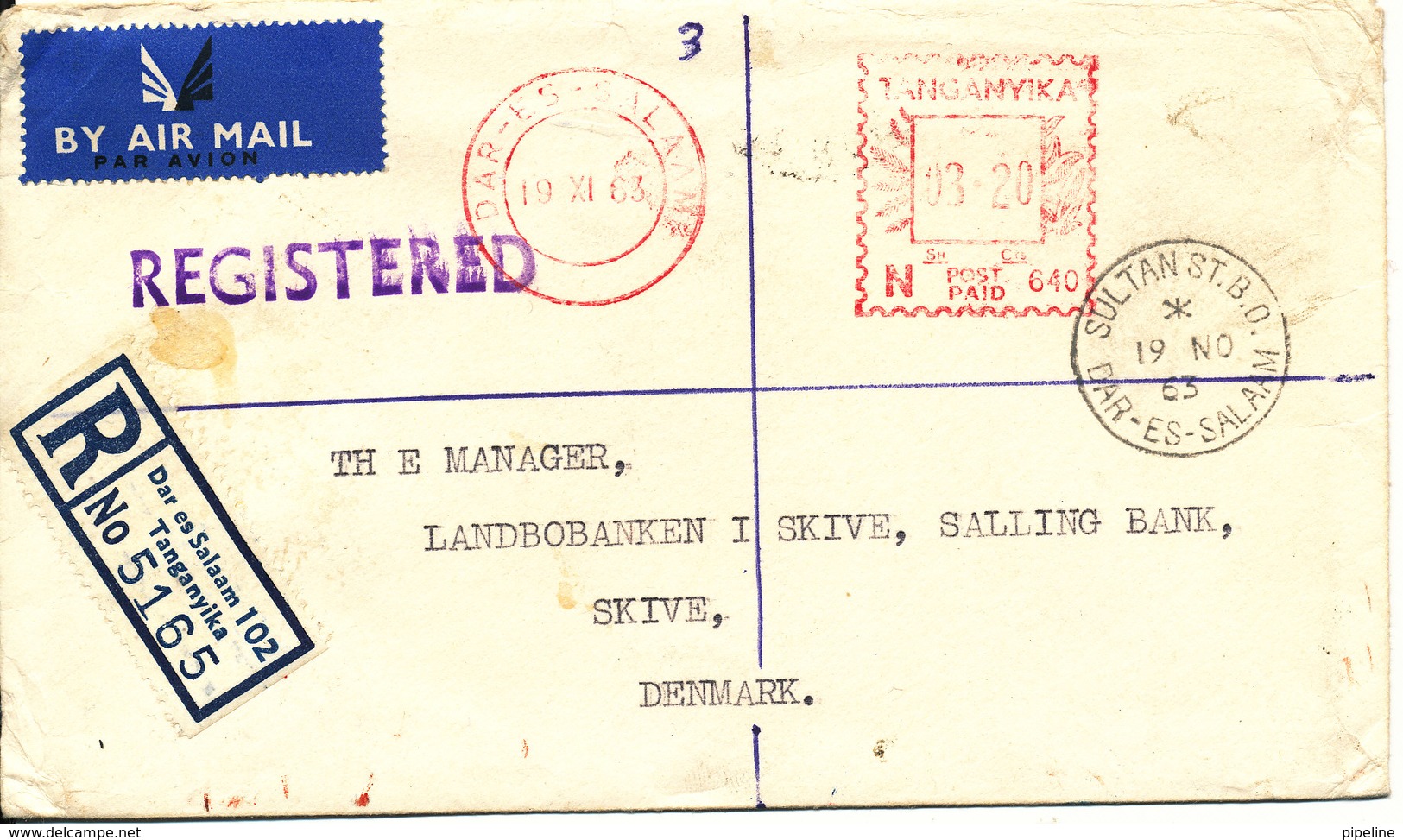 Tanganyika Registered Bank Cover Sent To Denmark Dar Es Salaam 19-11-1963 - Kenya, Uganda & Tanzania