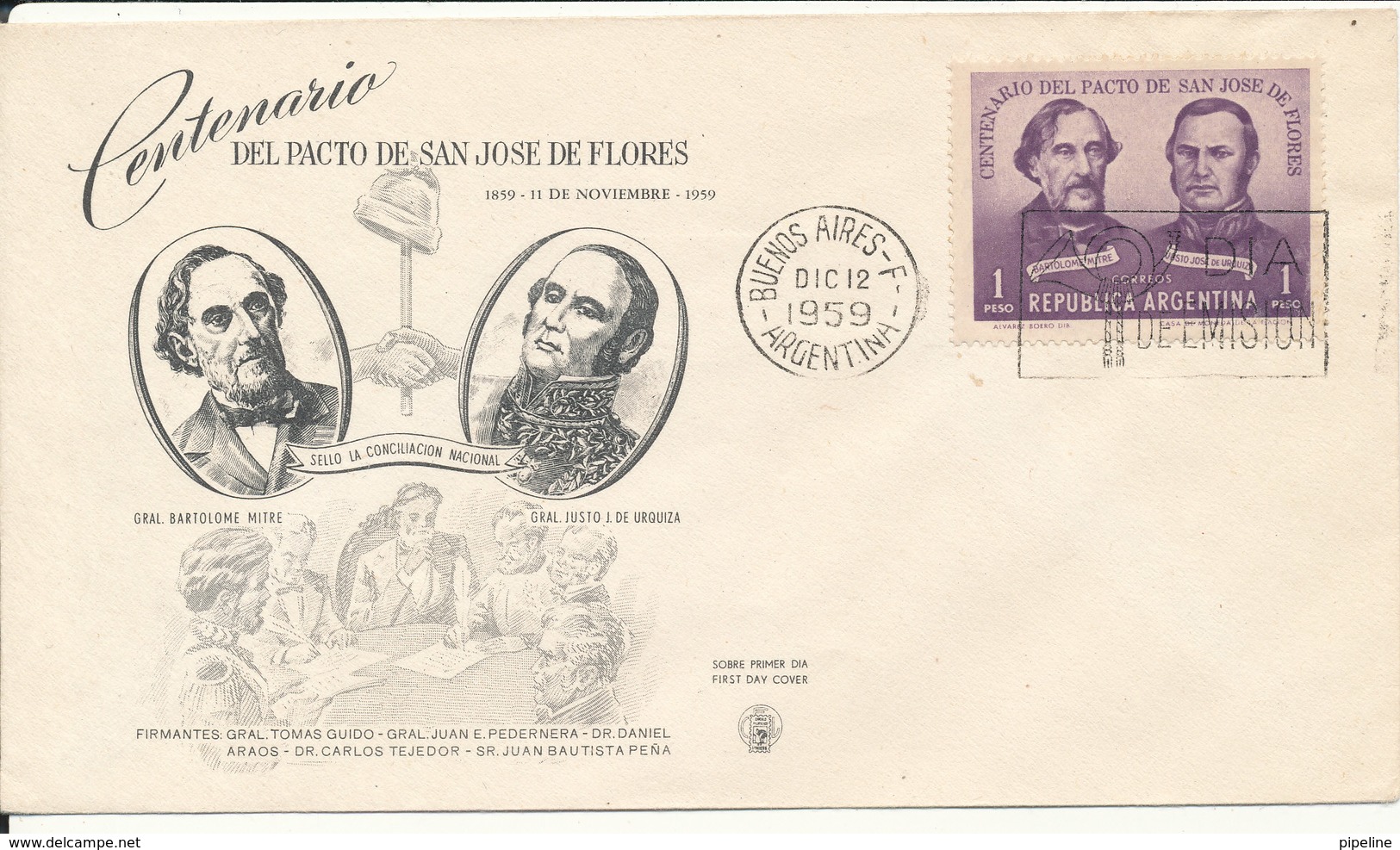 Argentina FDC 12-12-1959 Centenary Of The Pact Of San Jose De Flores With Cachet - FDC