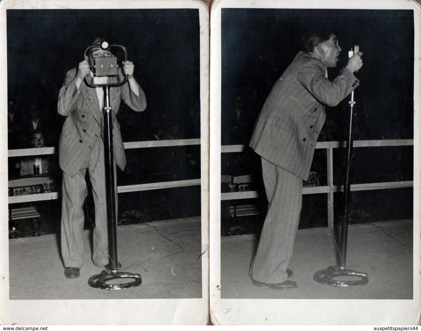 2 Cartes Photos Originales Chanteur Comique Ou Photographe Autour D'un étrange Pied De ? Microphone 1940/50 - Sport