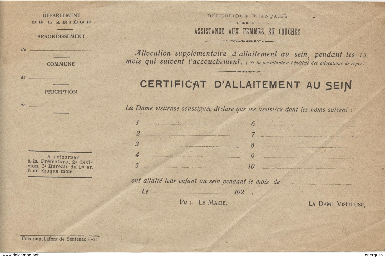 Ariège,certificat D'allaitement Au Sein,, Accouchement, Dame Visiteuse  Vers 1920 - Historical Documents