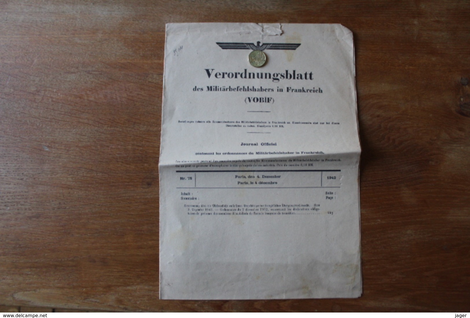 Verordnungsblatt  Journal Officiel Occupation Allemande  4 Decembre 1942 - Documents