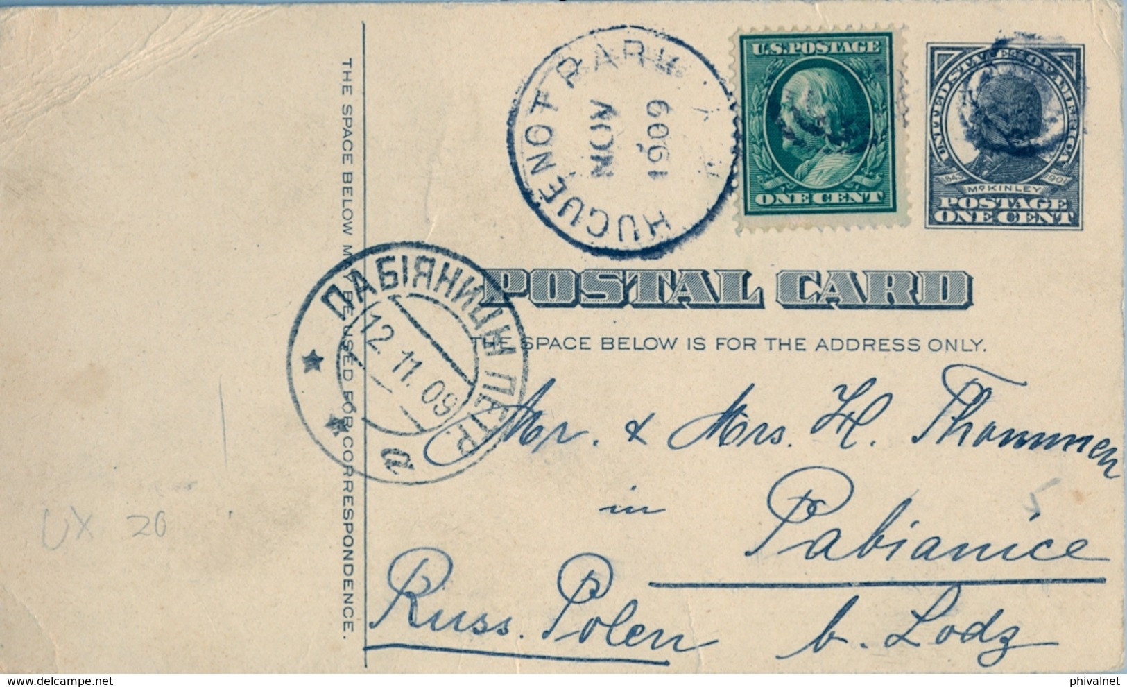 1909 , ESTADOS UNIDOS , ENTERO POSTAL CIRCULADO , HUGUENOT PARK - PABIANICE (POLONIA ) , LLEGADA - 1901-20