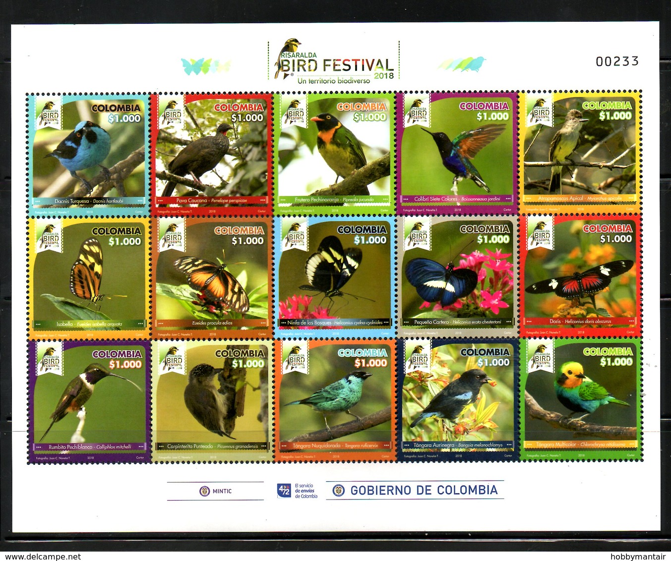 COLOMBIA, 2018 , BIRDS, BUTTERFLIES  S/S, MNH **NEW! - Autres & Non Classés