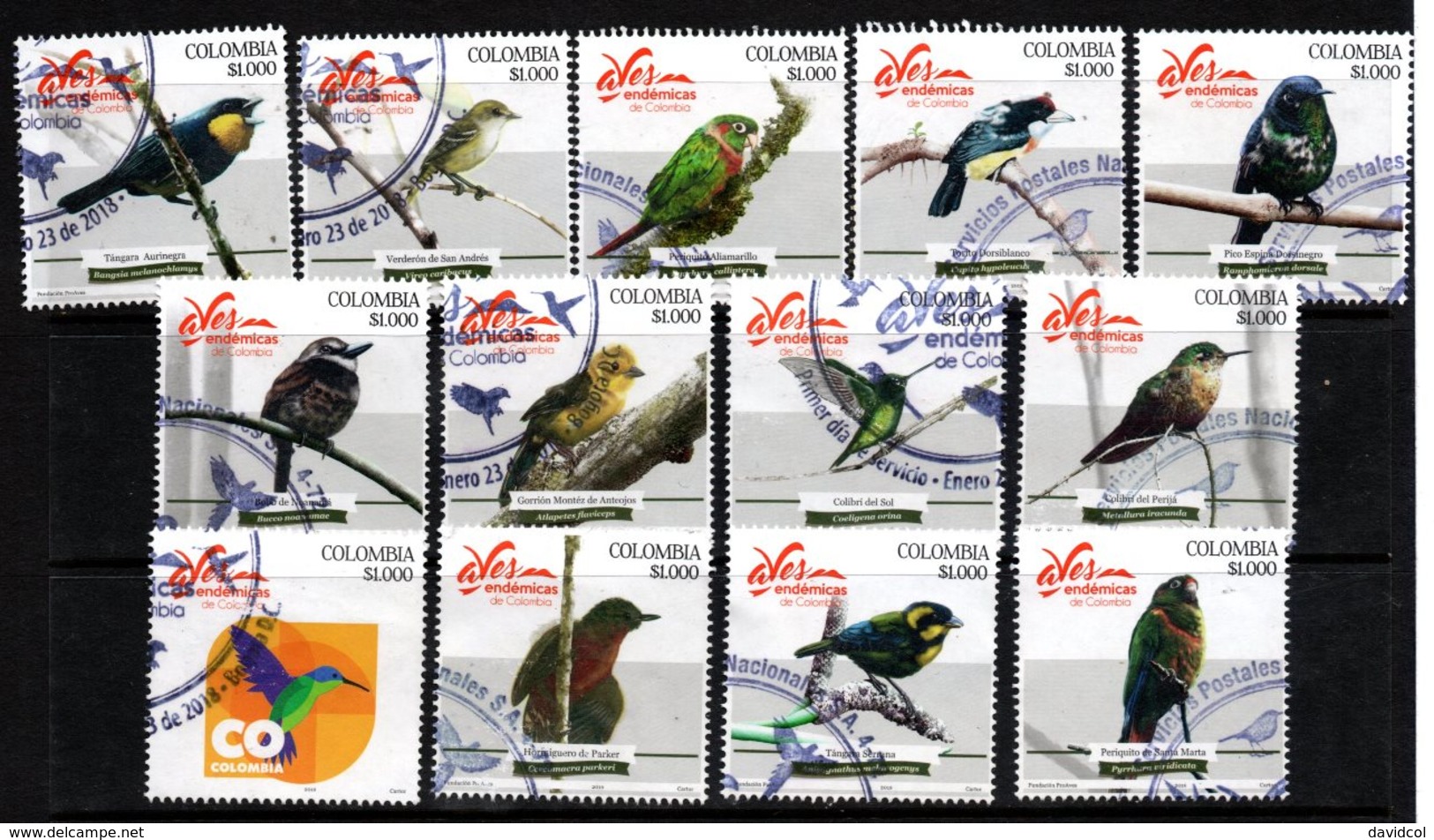 A211. KOLUMBIEN 2018. ENDEMIC BIRDS. COMPLETE USED SET X 13 STAMPS. - Colombia