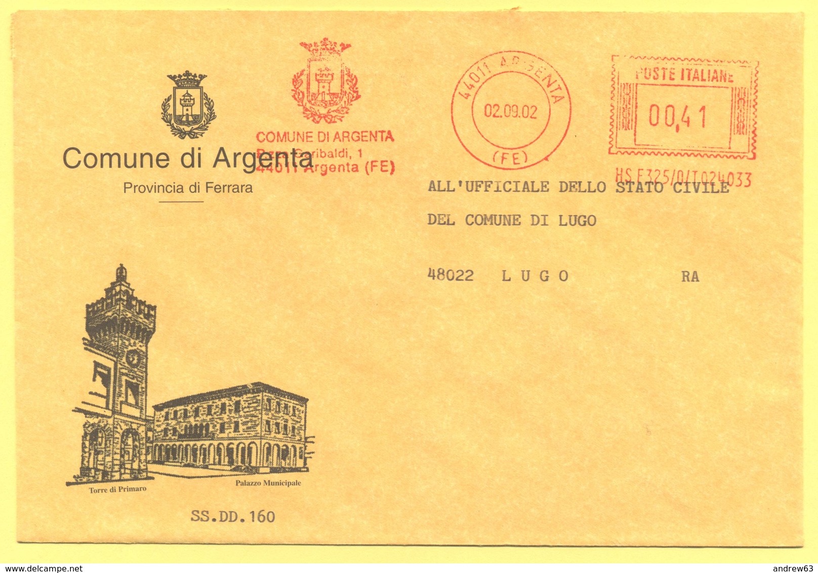 ITALIA - ITALY - ITALIE - 2002 - 00,41 EMA, Red Cancel - Comune Di Argenta - Viaggiata Da Argenta Per Lugo - Macchine Per Obliterare (EMA)