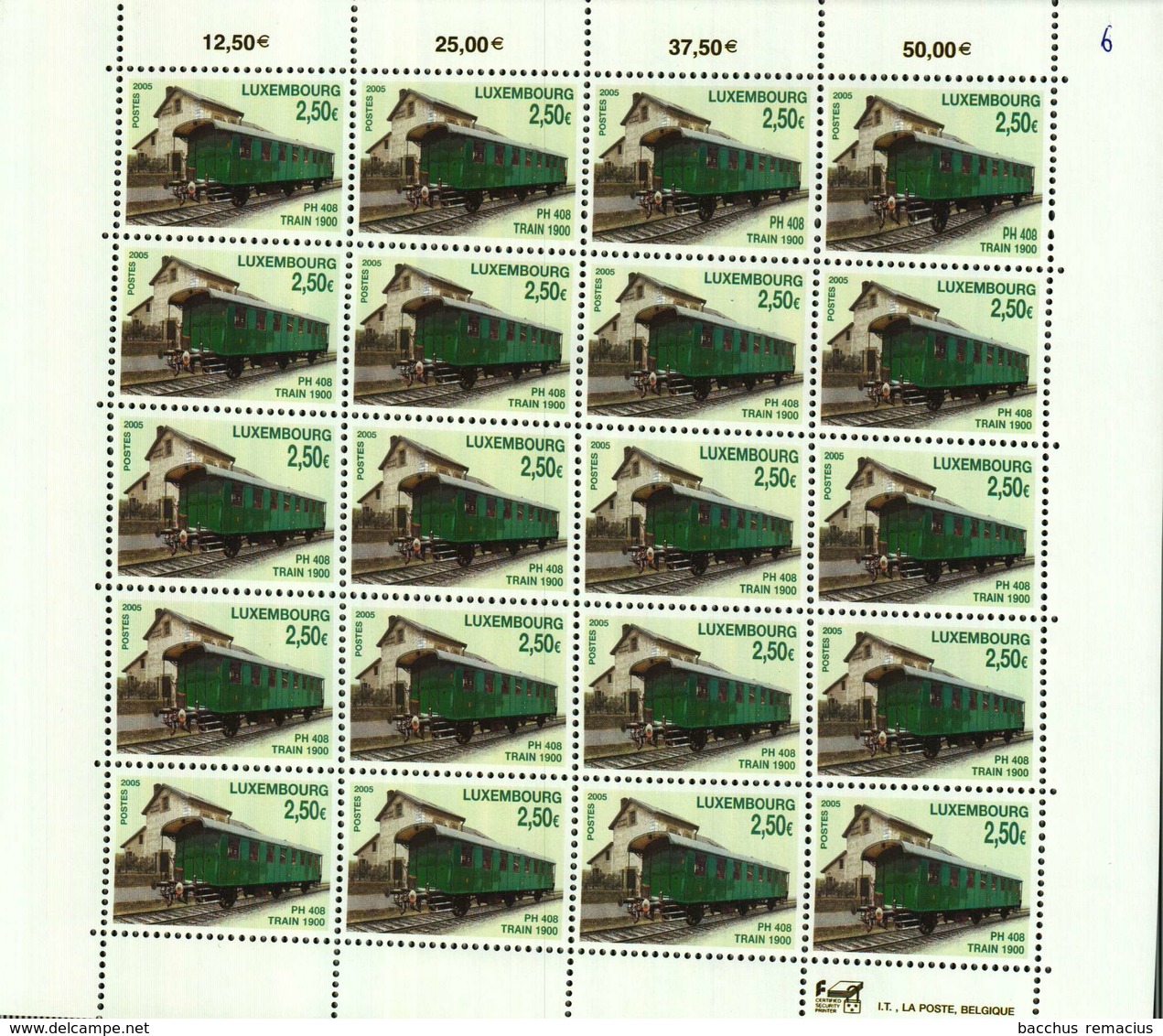 Luxembourg Feuille De 20 Timbres à 2,50 Euros Chemins De Fer D'antan Waggon PH 408 Train1900  2005 - Hojas Completas