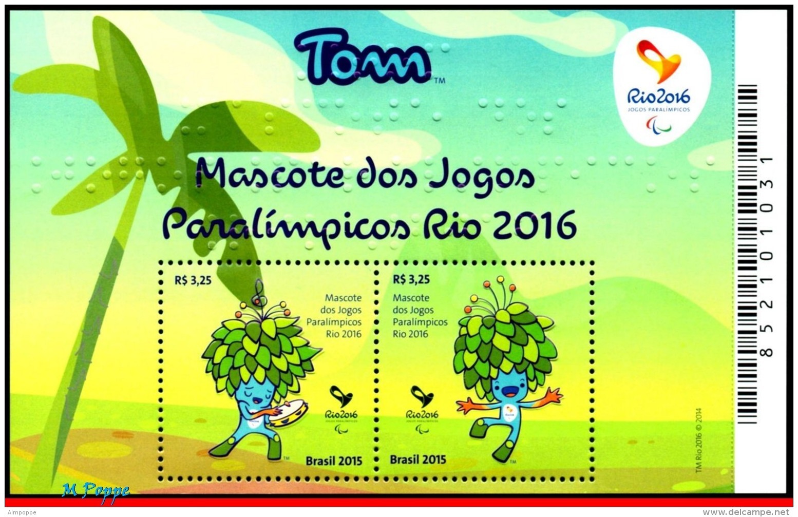 Ref. BR-3319-20 BRAZIL 2015 SPORTS, OLYMPIC AND PARALYMPIC, GAMES, RIO 2016, MASCOTS, 2 S/S MNH 4V Scott 3319 3320 - Eté 2016: Rio De Janeiro