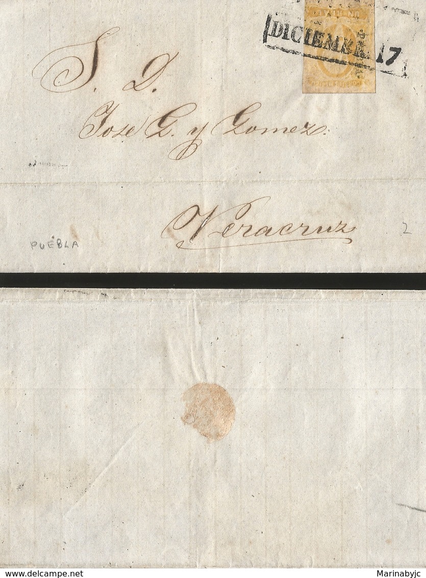 J) 1837 MEXICO, UN REAL ORANGE, BLACK CANCELLATION, HIDALGO, CIRCULATED COVER, FROM PUEBLA TO VERACRUZ - Mexico