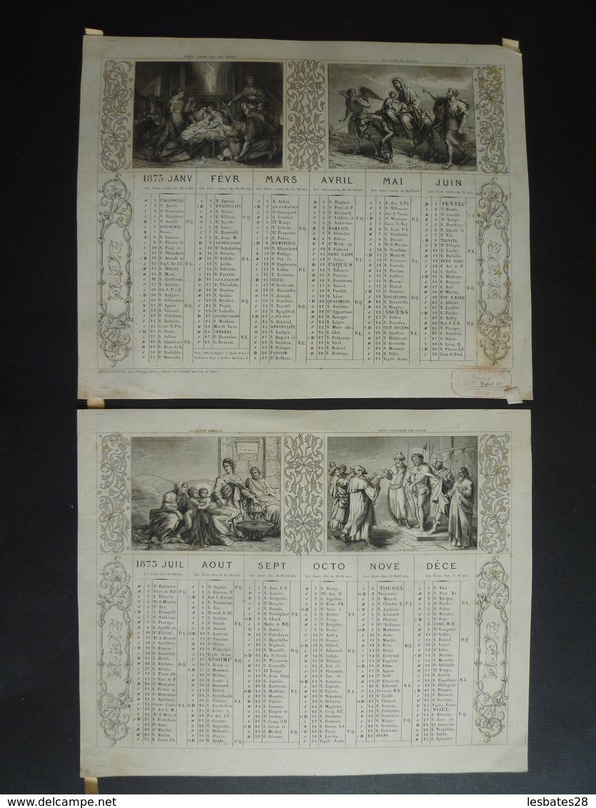 ALMANACH CALENDRIER  1873 2 SEMESTRIEL LITHOGRAPHIE Allégorie Religion  Emprire Napoléon III  Edit DUBOIS-TRIANON Imp - Grand Format : ...-1900