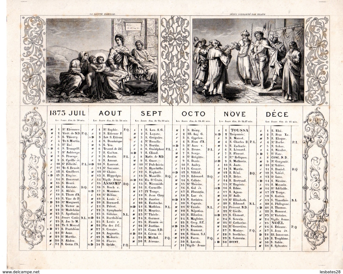 ALMANACH CALENDRIER  1873 2 SEMESTRIEL LITHOGRAPHIE Allégorie Religion  Emprire Napoléon III  Edit DUBOIS-TRIANON Imp - Grand Format : ...-1900