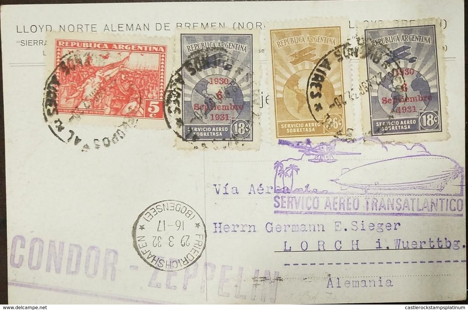 O) 1932 ARGENTINA, CONDOR ZEPPELIN, TRANSATLANTICO SERVICIO AEREO -FRIEDRICHSCHAFEN  BODENSEE, OVERPRINTED  1930 6 SEPTI - Covers & Documents