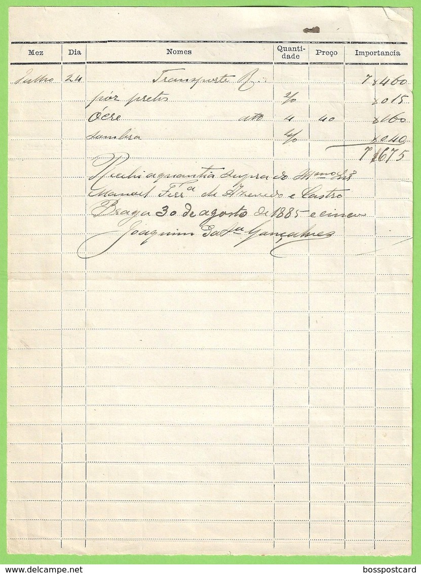 Braga - Factura De 1885 D0 Mestre-Estucador Joaquim Da Silva Gonçalves - Portugal