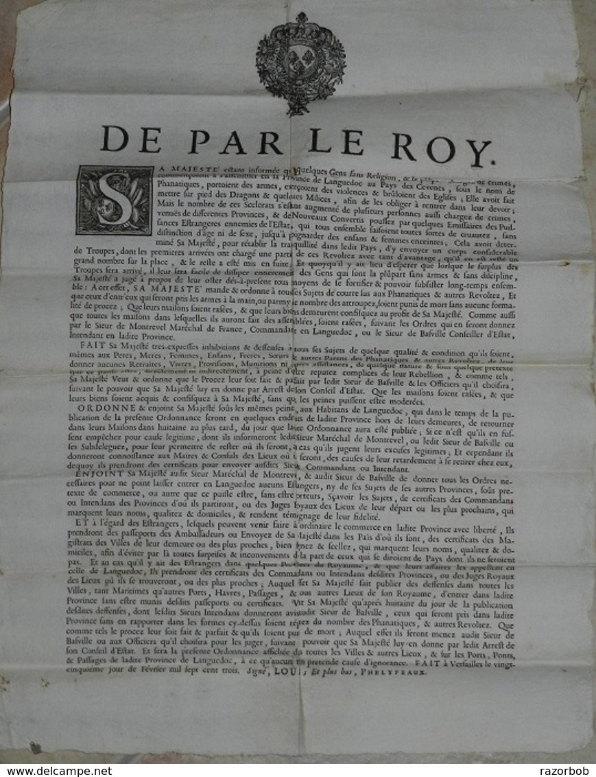 Affiche Originale 1703 Louis XIV Sur Troubles En Cevennes Et Languedoc Format 35 X 45 Cm - Affiches