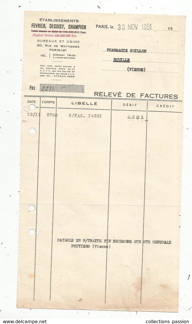 Relevé De Factures , établissements Fèvrier, Decoisy ,Champion ,Paris ,1951,  Frais Fr 1.55 E - 1950 - ...