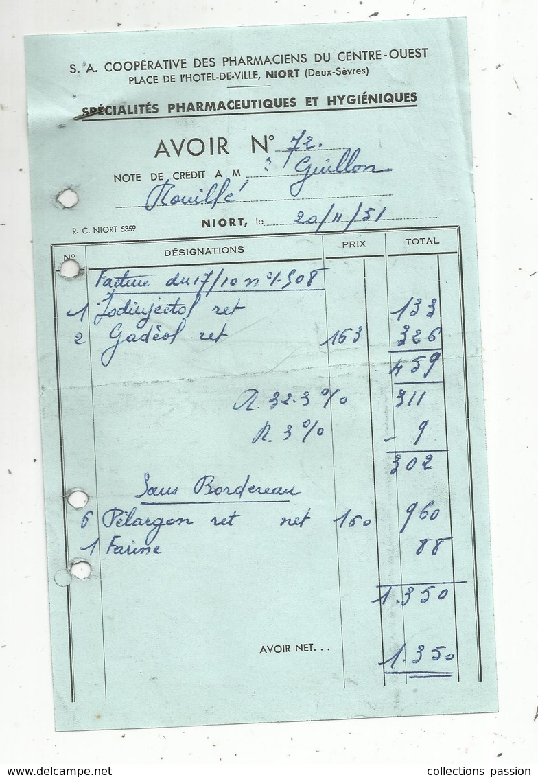 Facture D'avoir , Coopérative Des Pharmaciens Du Centre Ouest ,NIORT,1951,  Frais Fr 1.55 E - 1950 - ...