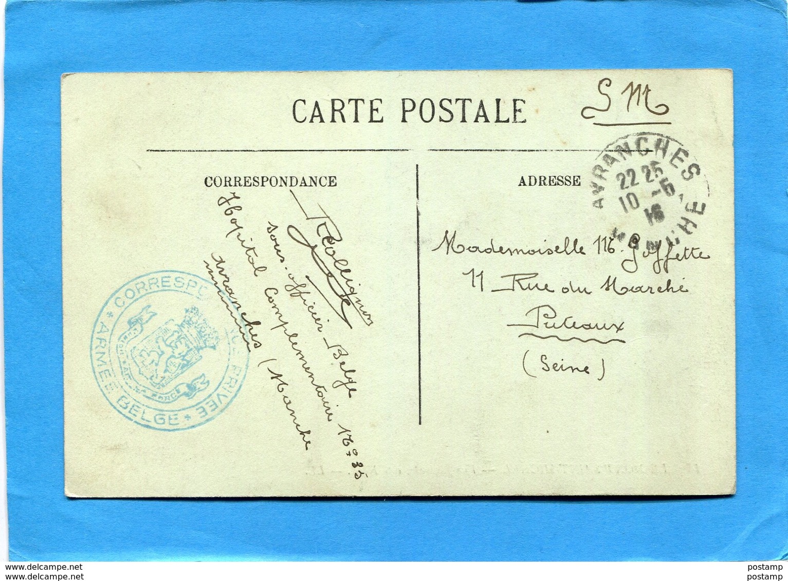 Guerre 14-18-carte Postale -soldat Belge -en France -à L'hopital Compl N°35  Avranches+cachet Armée Belge - WW I