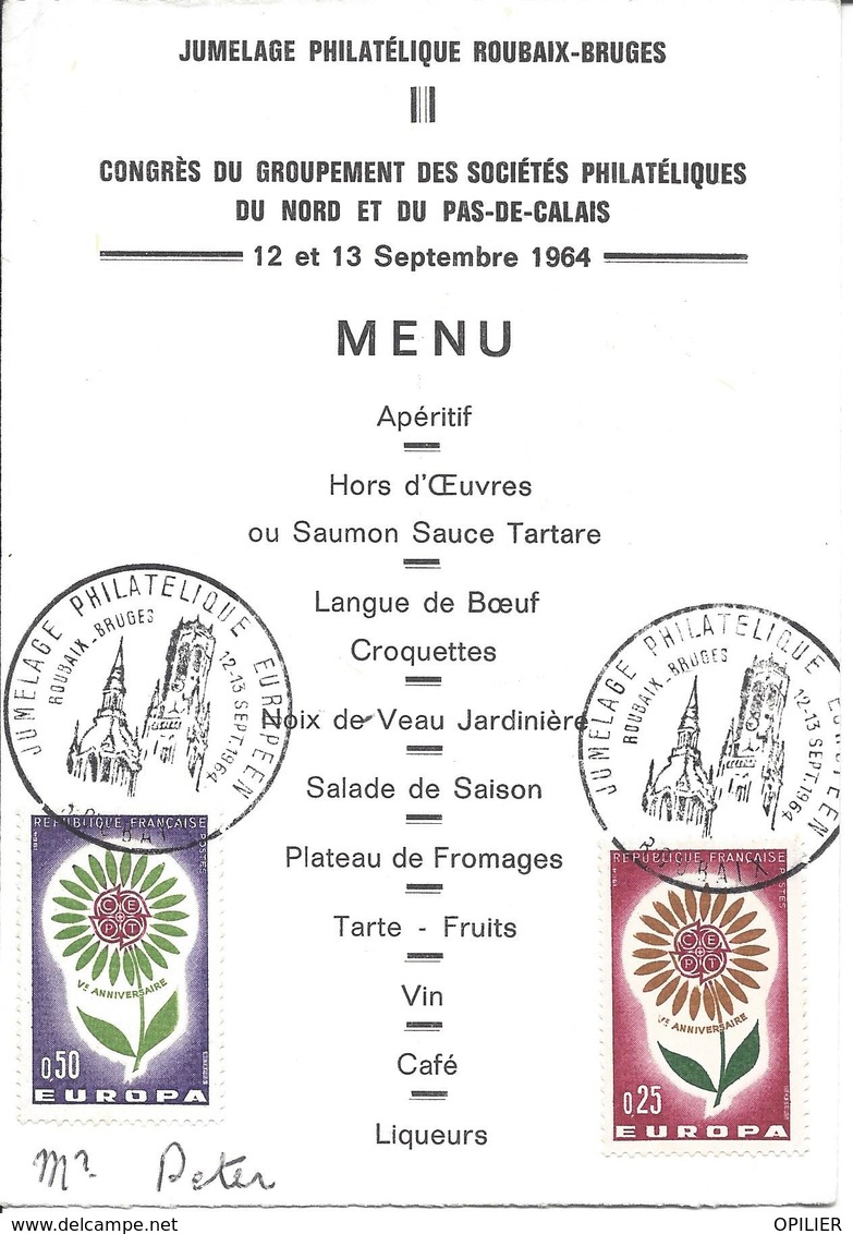 JUMELAGE PHILATELIQUE ROUBAIX BRUGES 12 Sept 1964 Sur Menu Du Congrès Philatélique Nord Pas De Calais Blason Roubaix - Matasellos Conmemorativos