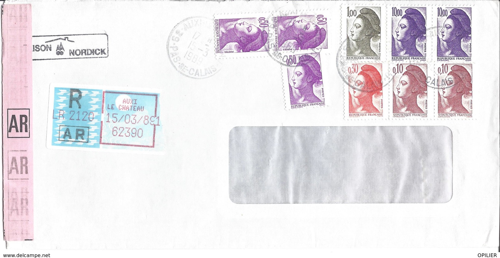 AUXI LE CHATEAU RECOMMANDE ACCUSE DE RECEPTION 15 Mars 1989 Liberté De Gandon Tarif 23.00F - Manual Postmarks