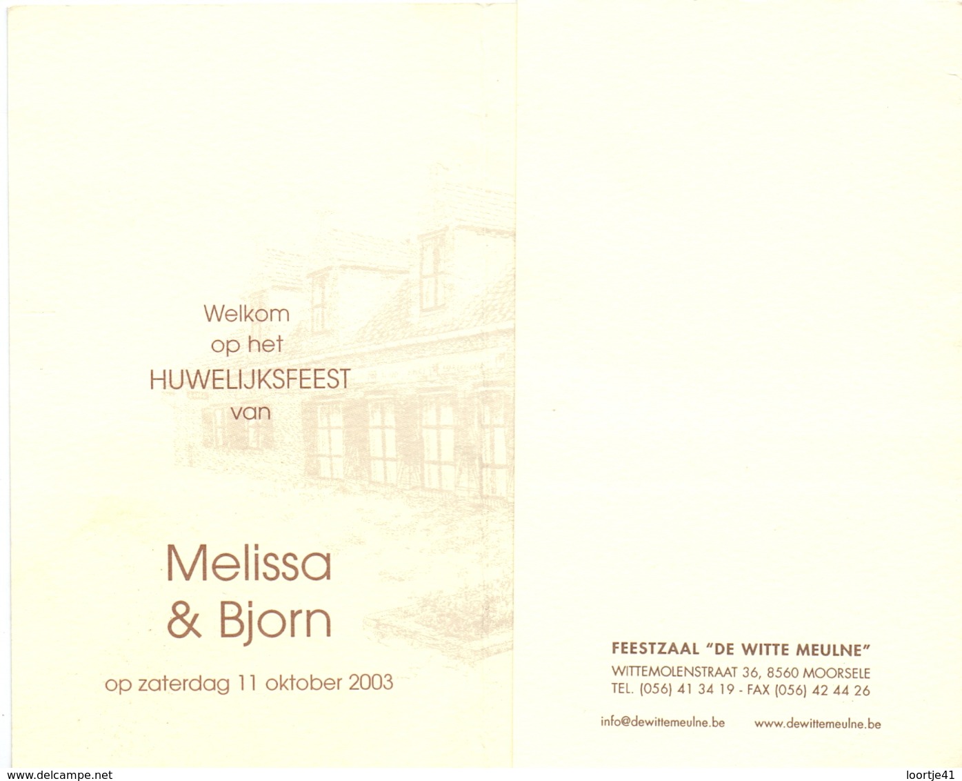 Menu - Huwelijk Mariage - Melissa X Bjorn - 2003 - Feestzaal De Witte Meulne Moorsele - Menus