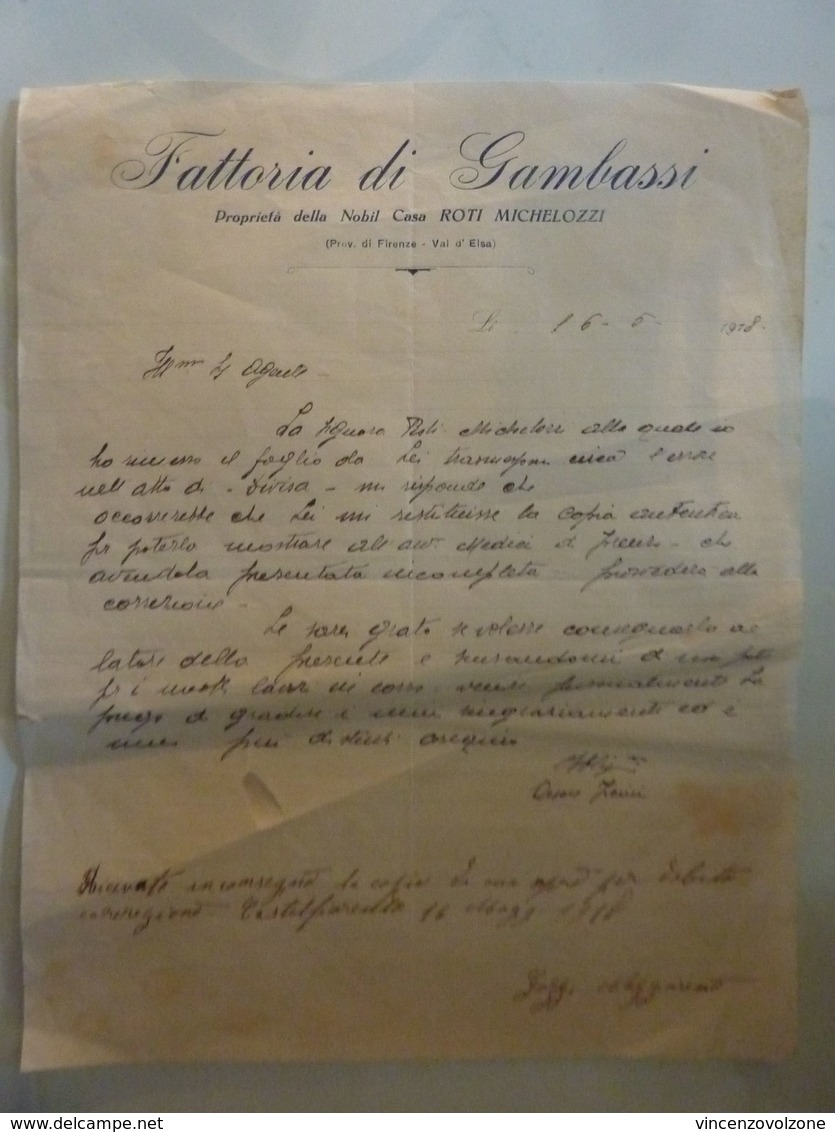 Lettera Manoscritta "FATTORIA DI GAMBASSI Proprietà Della Nobil Casa ROTI MICHELOZZI" 1918 - Manuscritos