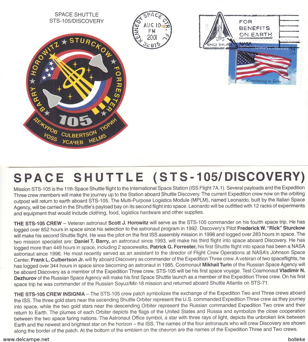 Espace - Drapeaux - Fusée - Etats Unis - Lettre De 2001 - Space Shuttle STS 105 Discovery - Etats-Unis