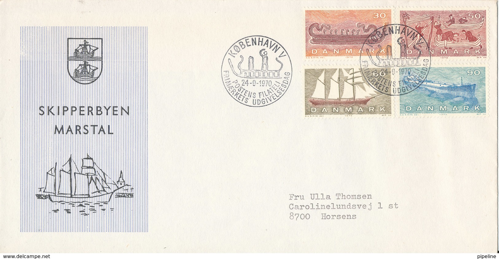 Denmark FDC 24-9-1970 Complete Set Of 4 Danish Ships With Cachet SKIPPERBYEN MARSTAL - FDC