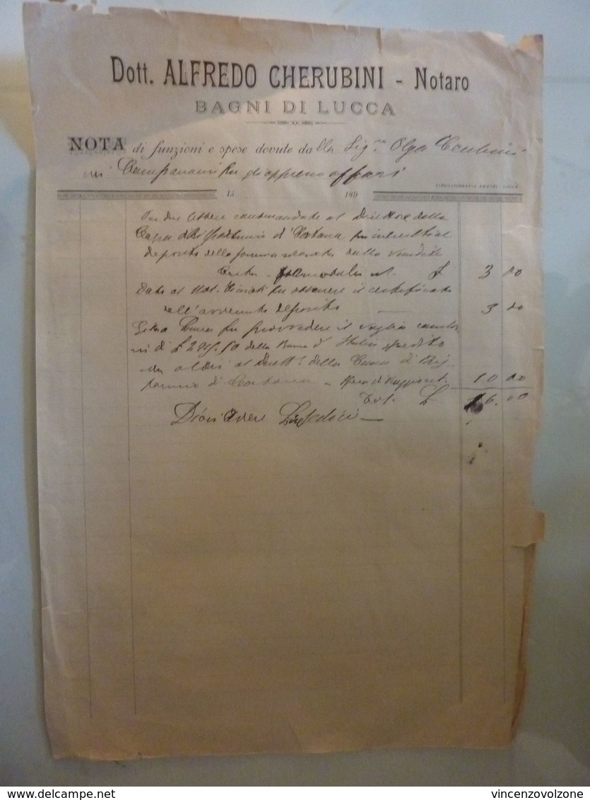 Documento "NOTA Di Funzioni E Opere Spese - Dott. ALFREDO CHERUBINI NOTARO - BAGNI DI LUCCA" 1896 - Italia