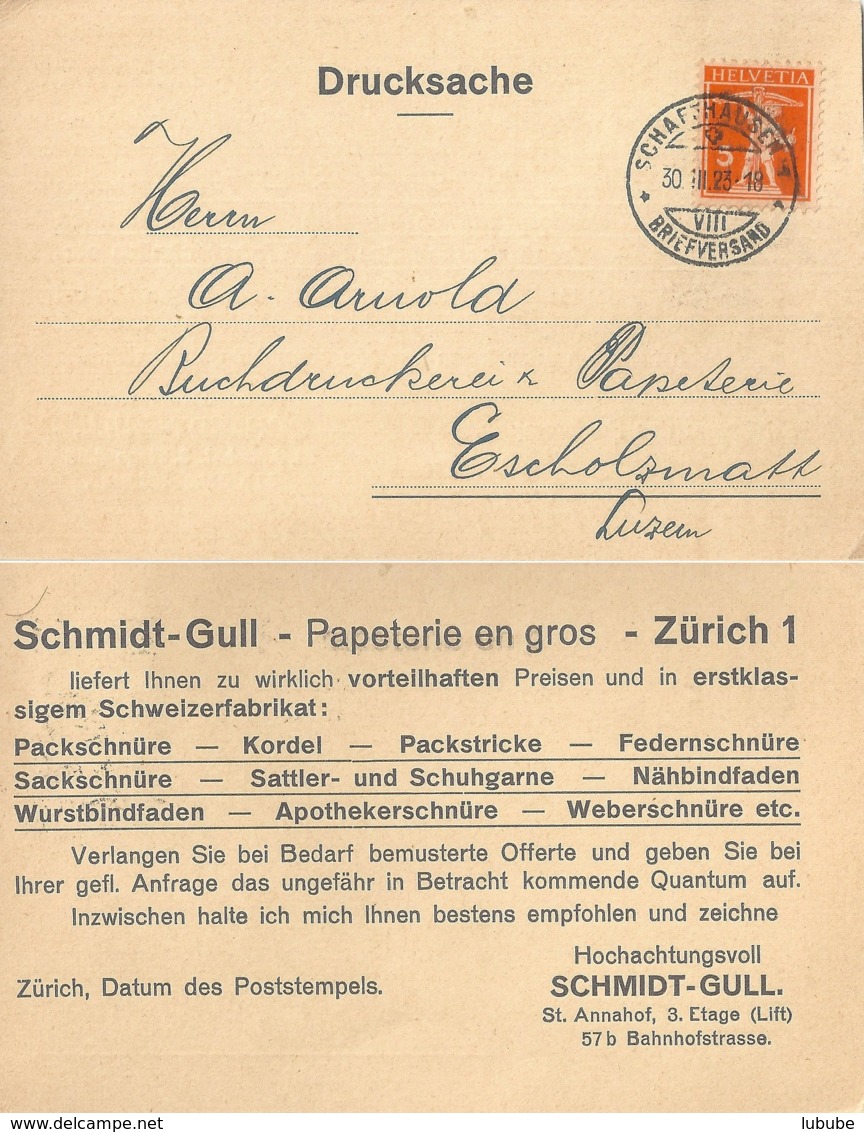 Motiv Karte  "Schmidt-Gull, Papeterie En Gros, Zürich"            1923 - Lettres & Documents