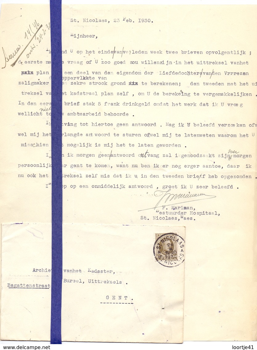 Brief Lettre - F. Mariaan - Bestuurder Hospitaal Sint Niklaas - Naar Kadaster 1930 + Brief Met Antwoord - Non Classés