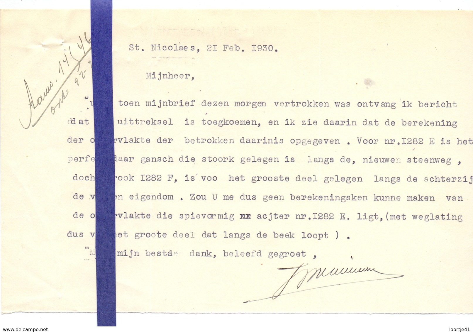 Brief Lettre - F. Mariaan - Bestuurder Hospitaal Sint Niklaas - Naar Kadaster 1930 + Brief Met Antwoord - Non Classés