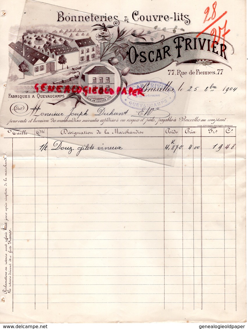 BELGIQUE- QUEVAUCAMPS- RARE FACTURE OSCAR TRIVIER-BONNETERIES COUVRE LITS- BONNETERIE-77 RUE DE FIEMMES-1904 - Vestiario & Tessile
