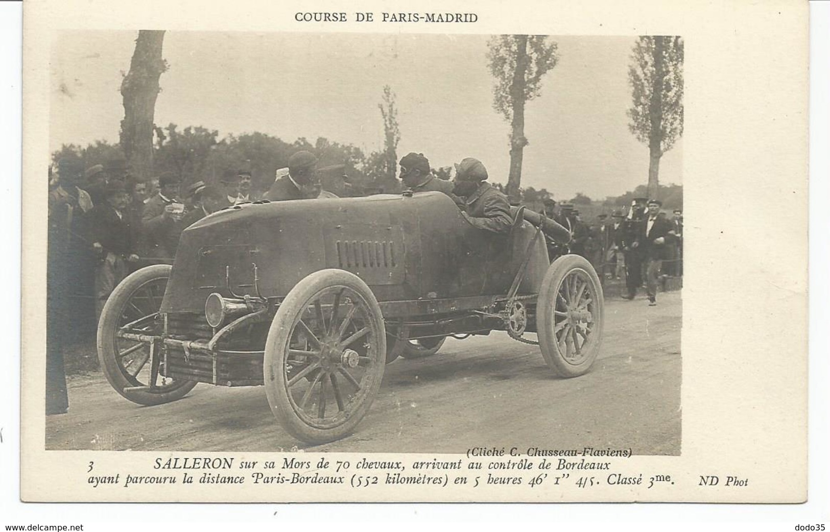 SPORT AUTOMOBILE. Course Paris Madrid. Pilote Salleron Sur MORS  3ème à Bordeaux. - Autres & Non Classés