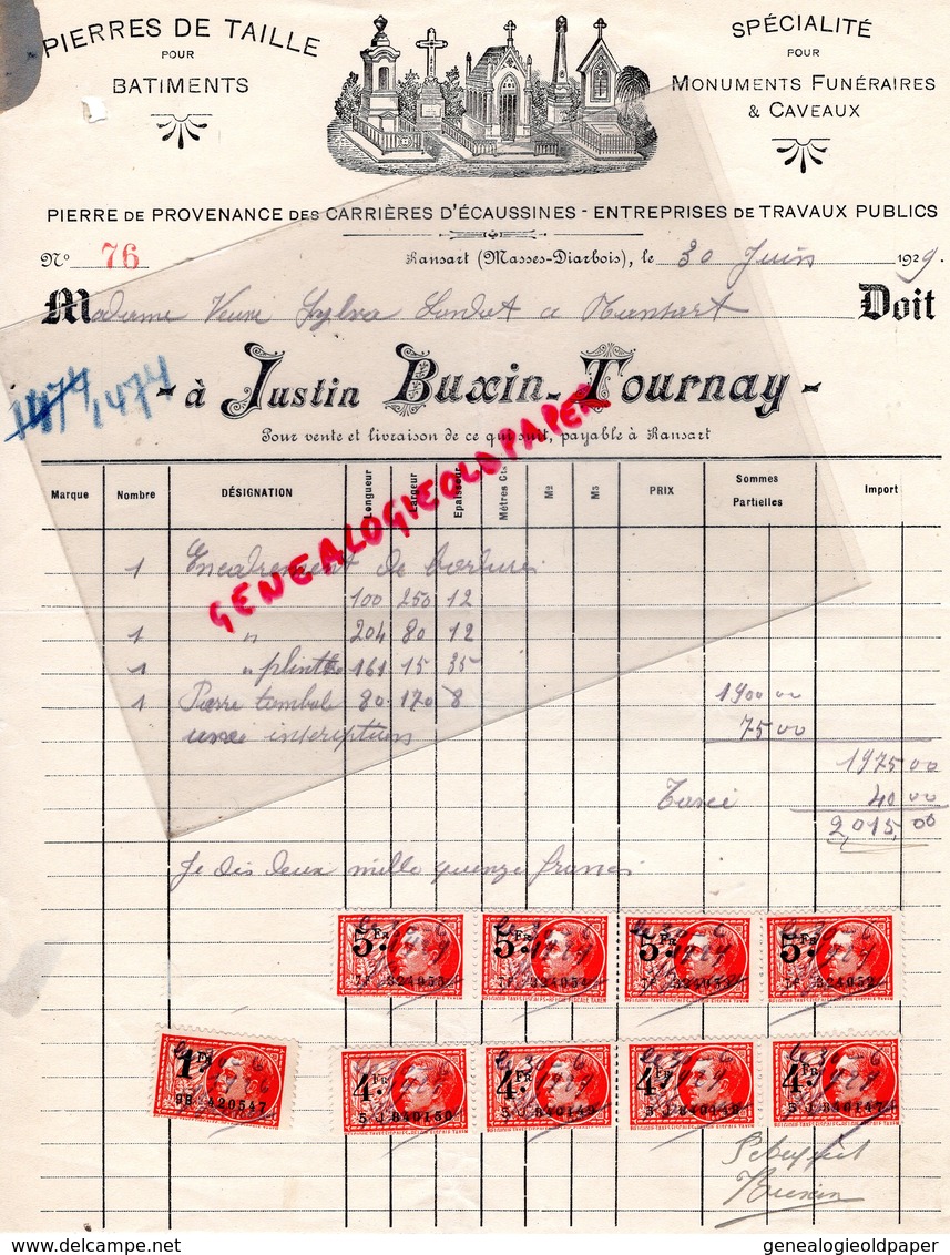 BELGIQUE- RANSART -RARE FACTURE JUSTIN BUXIN TOURNAY- PIERRES DE TAILLE-MONUMENTS FUNERAIRES -CARRIERES ECAUSSINES-1929 - Straßenhandel Und Kleingewerbe