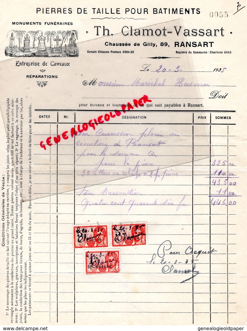 BELGIQUE- RANSART -RARE FACTURE TH. CLAMOT VASSART- PIERRES DE TAILLE-MONUMENTS FUNERAIRES - CHAUSSEE DE GILLY 89- 1935 - Petits Métiers