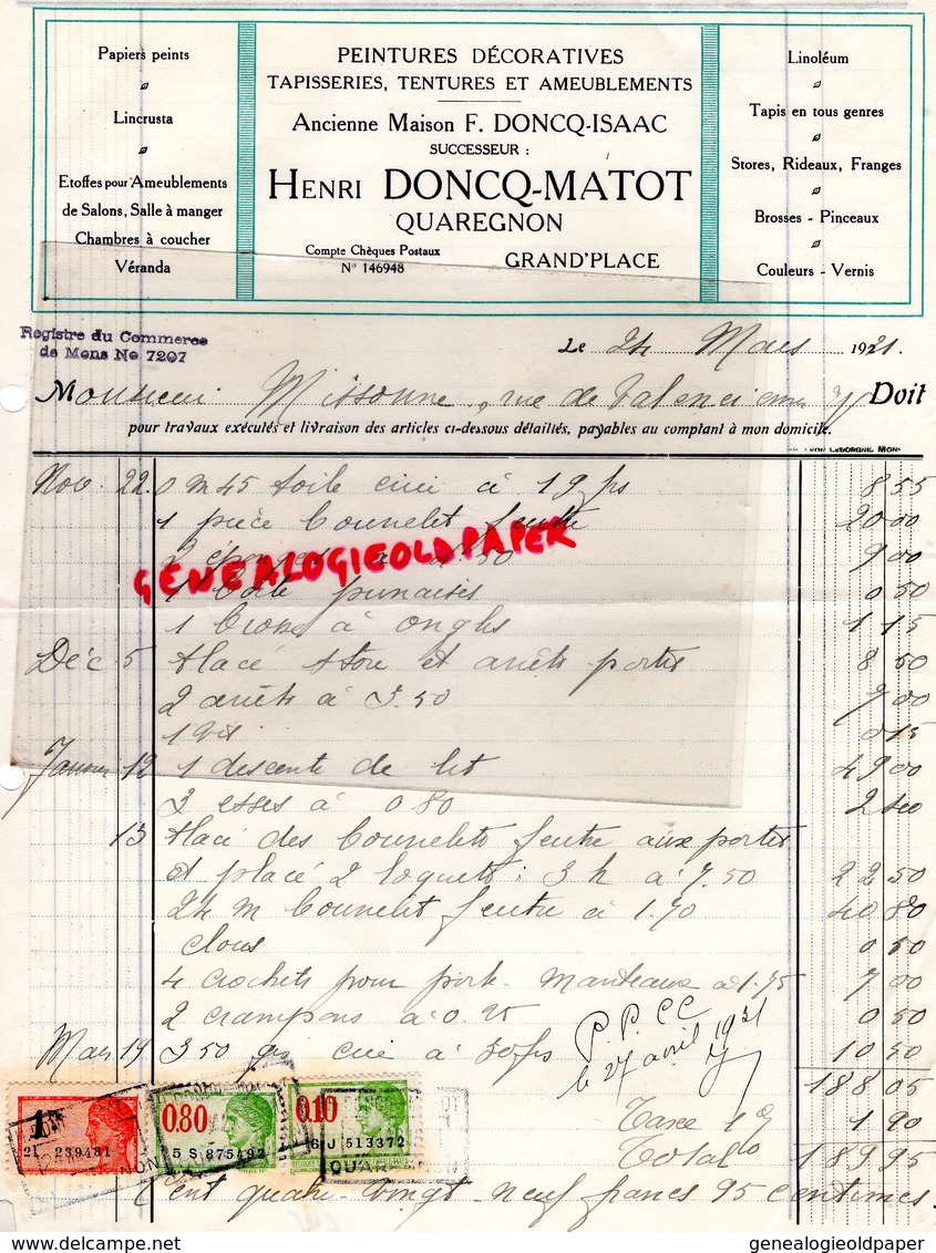 BELGIQUE- QUAREGNON- FACTURE HENRI DONCQ- MATOT- ISAAC-PEINTRE-PEINTURE TAPISSERIE- GRAND ' PLACE 1921 - Artigianato