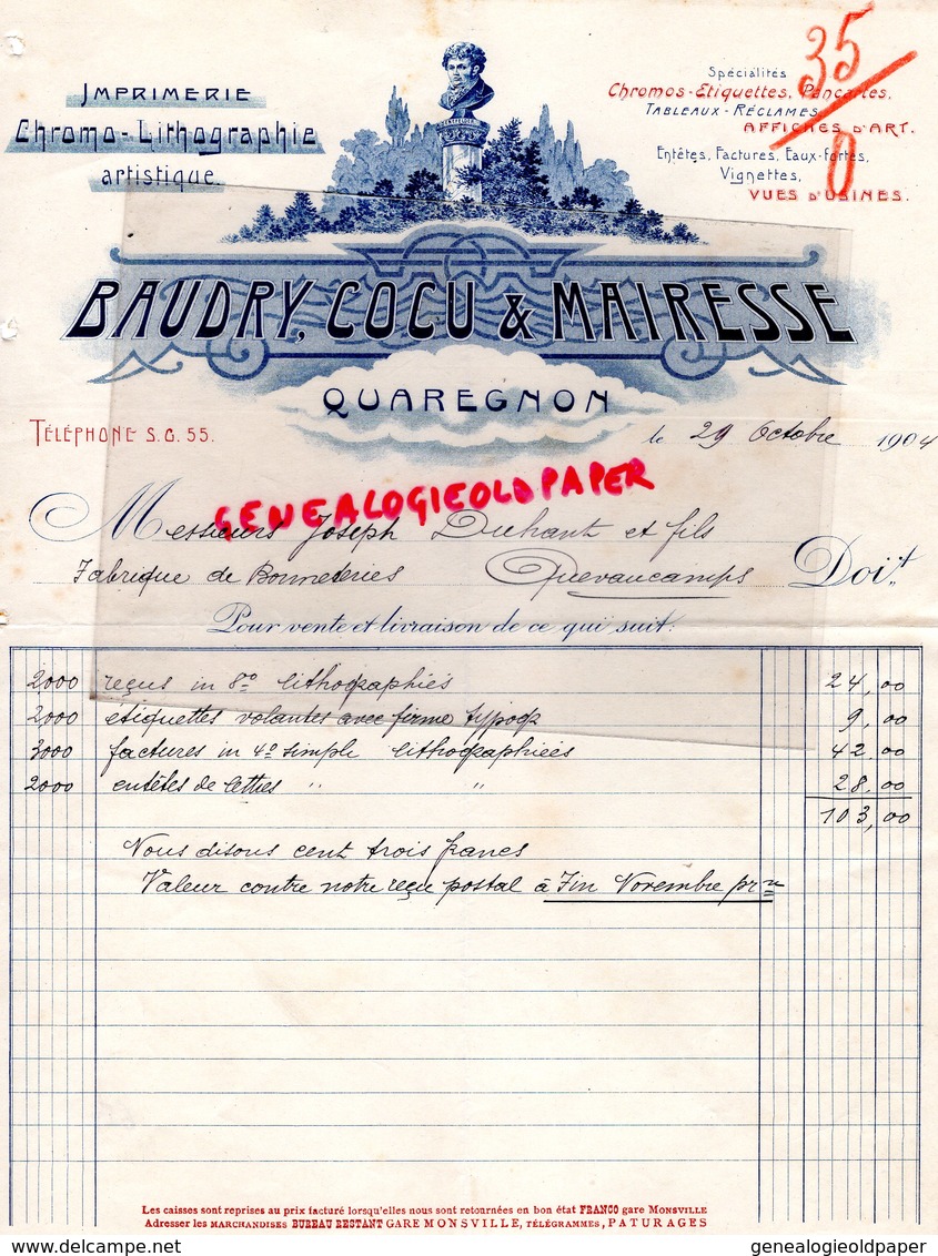 BELGIQUE- QUAREGNON- RARE FACTURE BAUDRY COCU MAIRESSE-IMPRIMERIE CHROMO LITHOGRAPHIE-1904 - Imprimerie & Papeterie