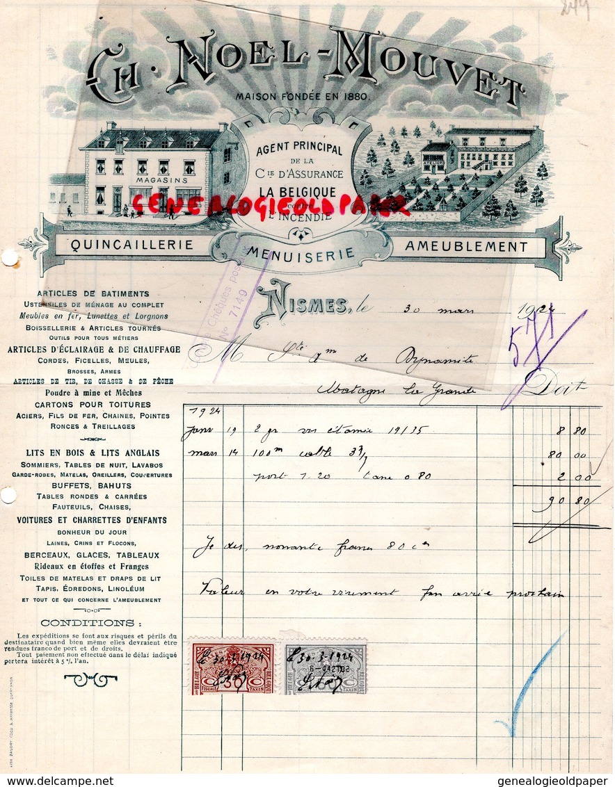 BELGIQUE- NISMES- FACTURE CH. NOEL MOUVET-QUINCAILLERIE MENUISERIE-AGENT COMPAGNIE ASSURANCE LA BELGIQUE -1904 - Ambachten