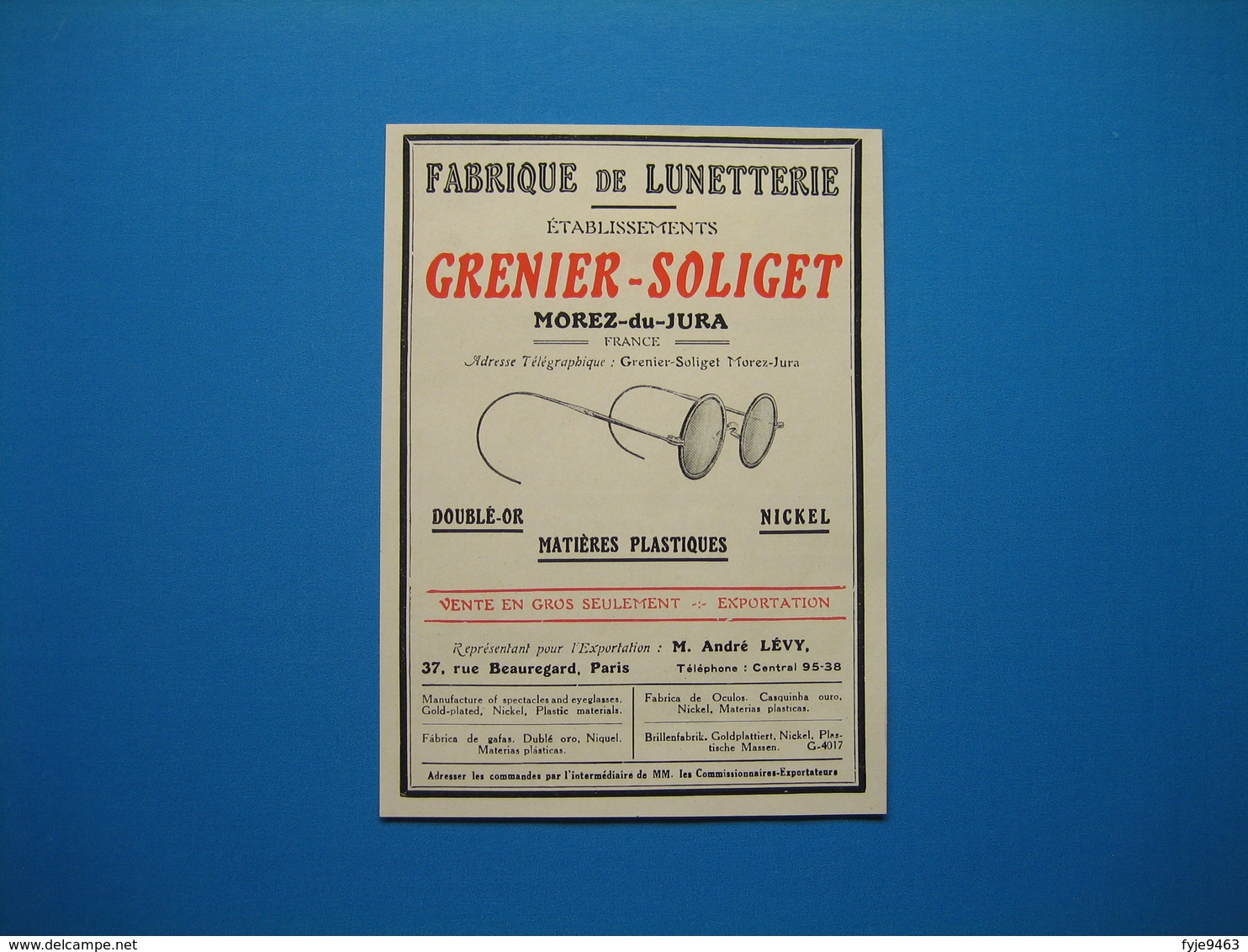 (1931) Fabrique De Lunetterie - Éts GRENIER-SOLIGET - Morez-du-Jura - Non Classés