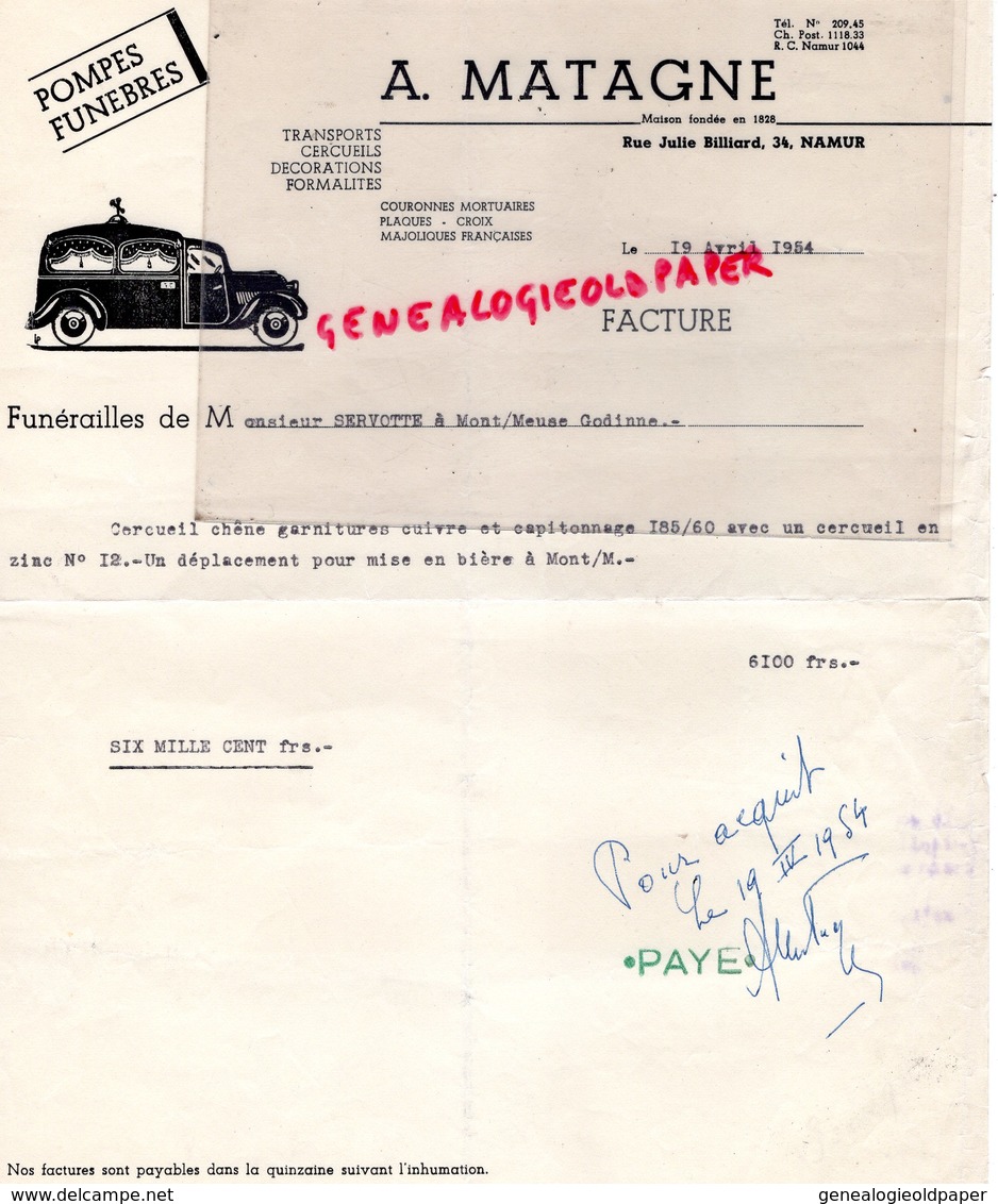BELGIQUE- NAMUR-RARE FACTURE A. MATAGNE- POMPES FUNEBRES- TRANSPORT CERCUEILS-FUNERAILLES-1954 CORBILLARD - Petits Métiers
