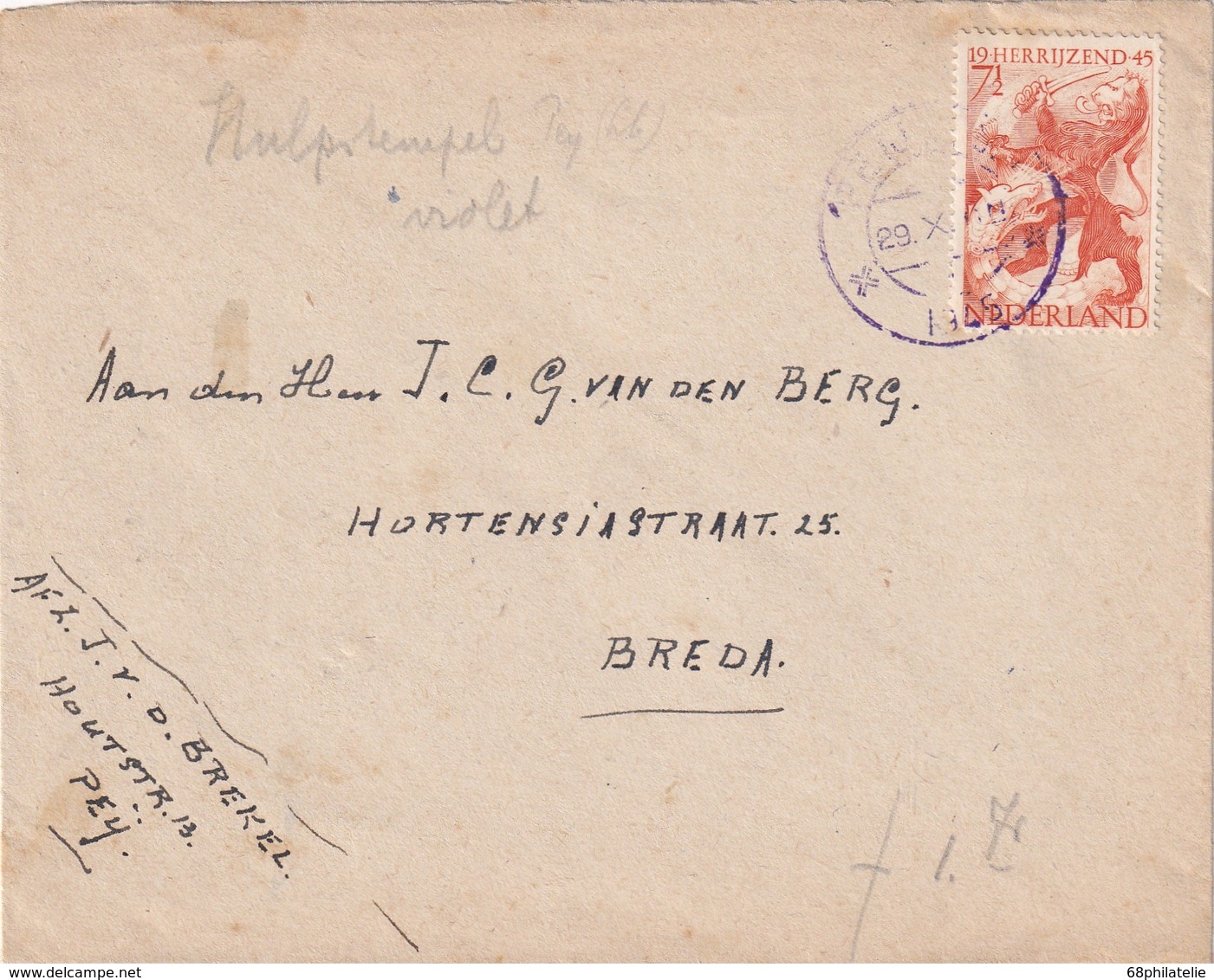 PAYS-BAS 1945 LETTRE DE NEIJ POUR BREDA  CACHET VIOLET - Lettres & Documents