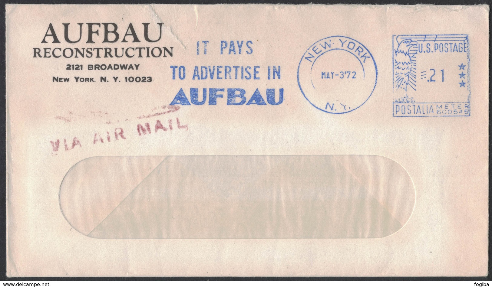 AE223   USA 1972 Cover "It Pays To Advertise In Aufbau" Meter Slogan Pmk  New York - Storia Postale
