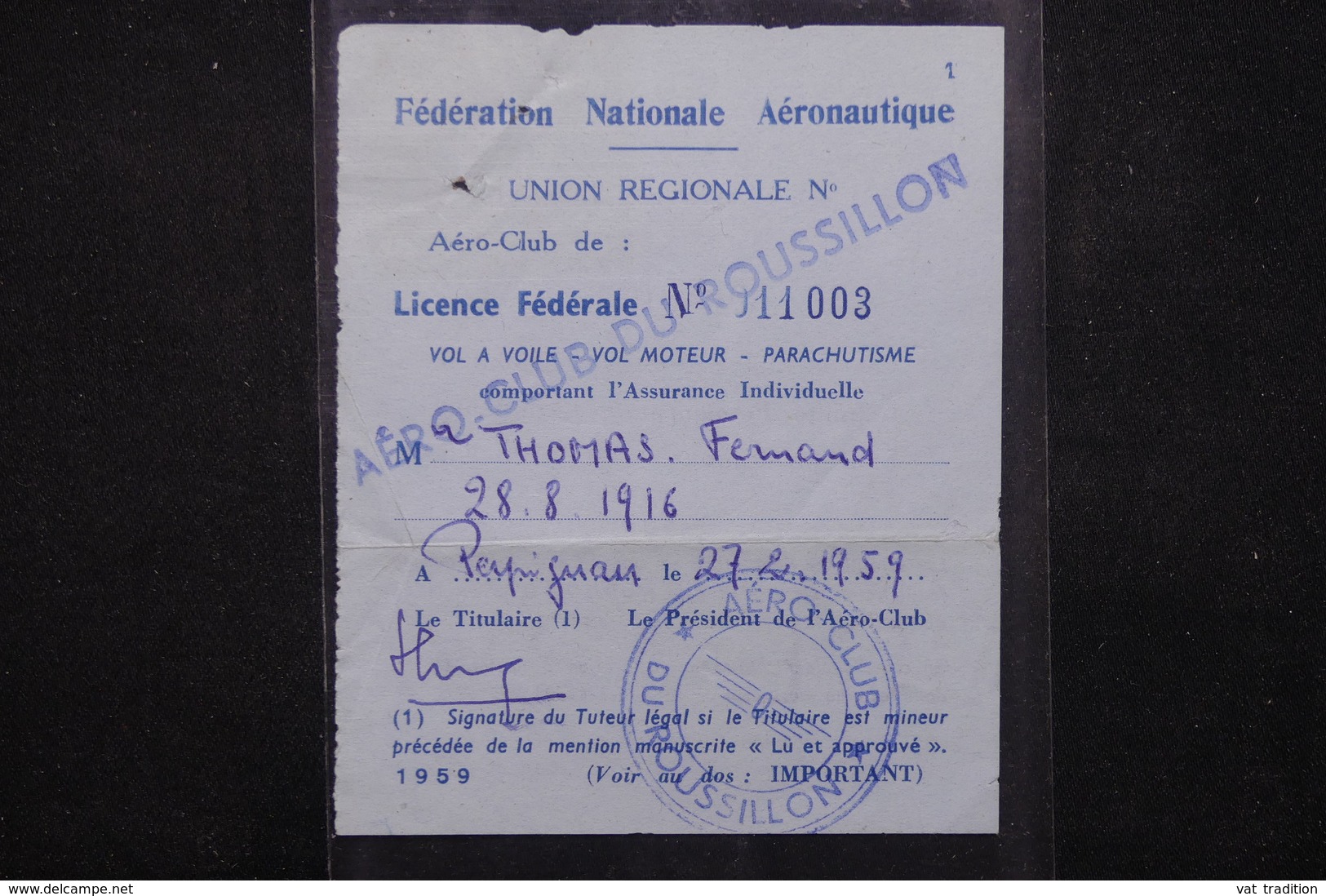 SPORT - Licence Fédérale De L 'Aéro Club Du Roussillon En 1959 - L 21880 - Autres & Non Classés