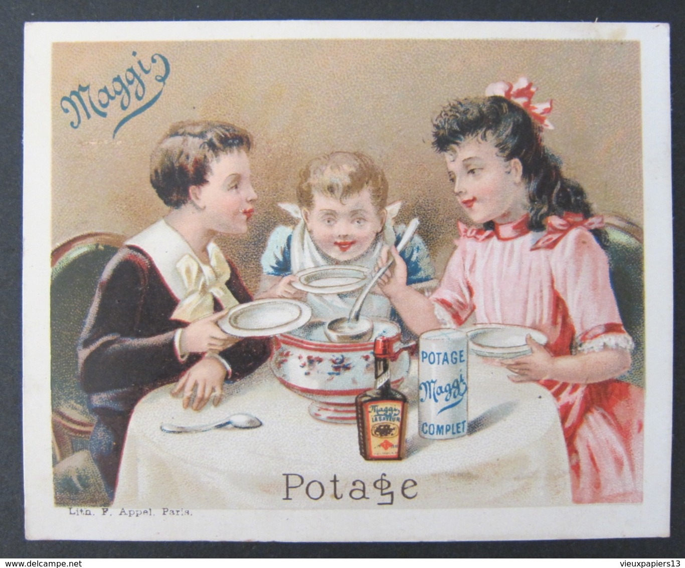 TB Chromo XIXe Pub MAGGI POTAGE - Lith F. Appel, Paris - 11 X 8,5 Cm. - Autres & Non Classés