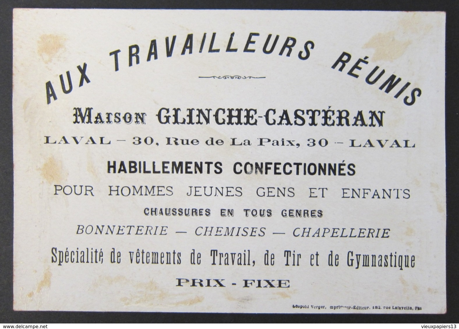 TB Chromo XIXe Pub  Laval Maison Glinche-Castéran - Aux Travailleurs Réunis - Grand Format 14,5 X 11,5 Cm. - Autres & Non Classés